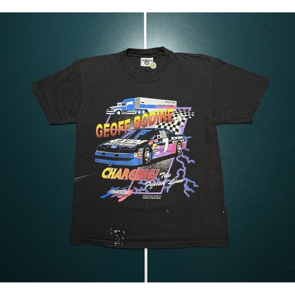Vintage 90s GEOFF BODINE NASCAR Racing Double Sided Lightning T Shirt Large Rare